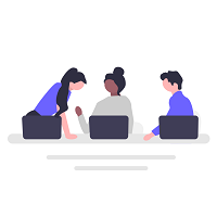 Illustration of two people talking with an account manager while sat at a table